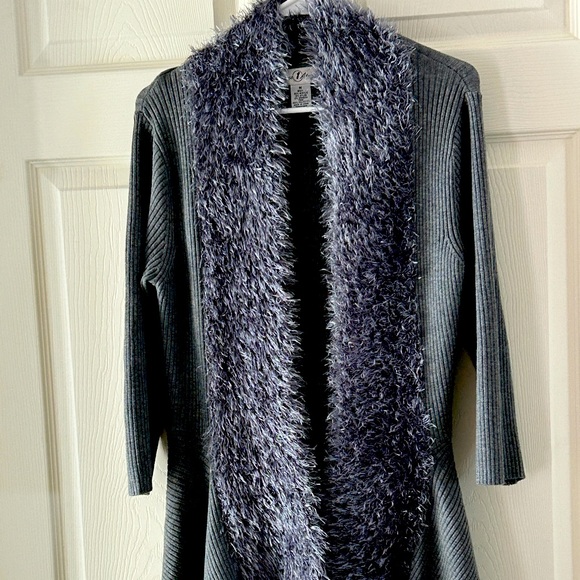 1 Once Again Sweaters - Beautiful Once Again Gray Sweater with Faux Fur Collar